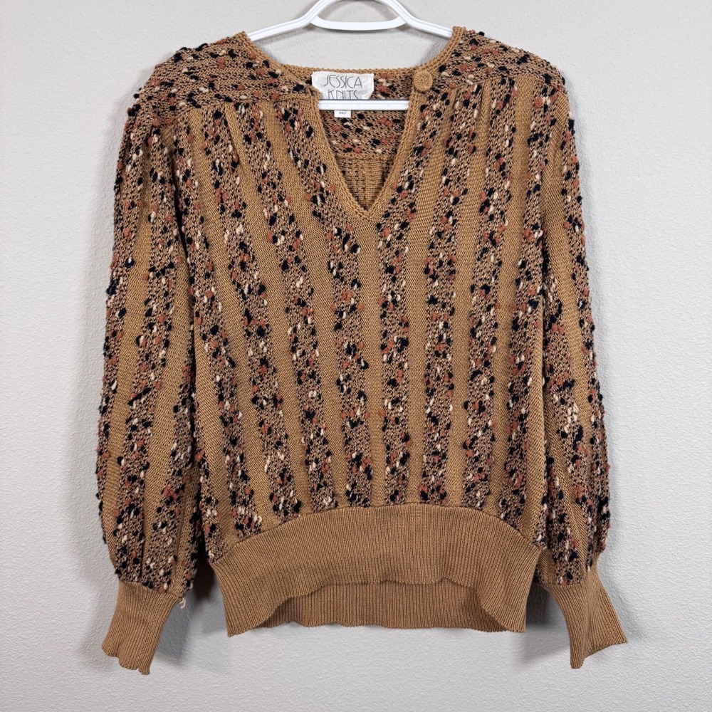 Vintage Jessica Knits Coogi Style Popcorn Knit Balloon Sleeve V-Neck Sweater Med